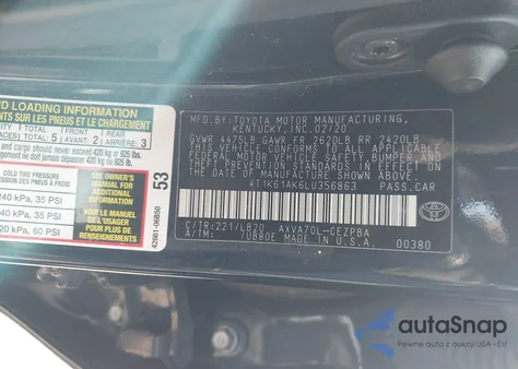 2020 Toyota Camry Xse z USA, uszkodzony, nr VIN 4T1K61AK6LU356863